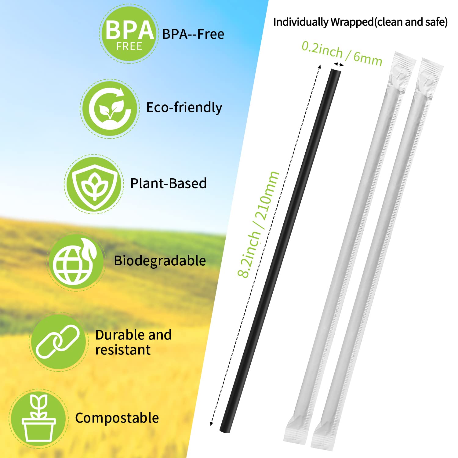 [300 Pcs] Biodegradable Compostable Individually Wrapped Straws - PLA Disposable Plant Based Black Straws (8.25" LongX0.23" Wide) - Image 4