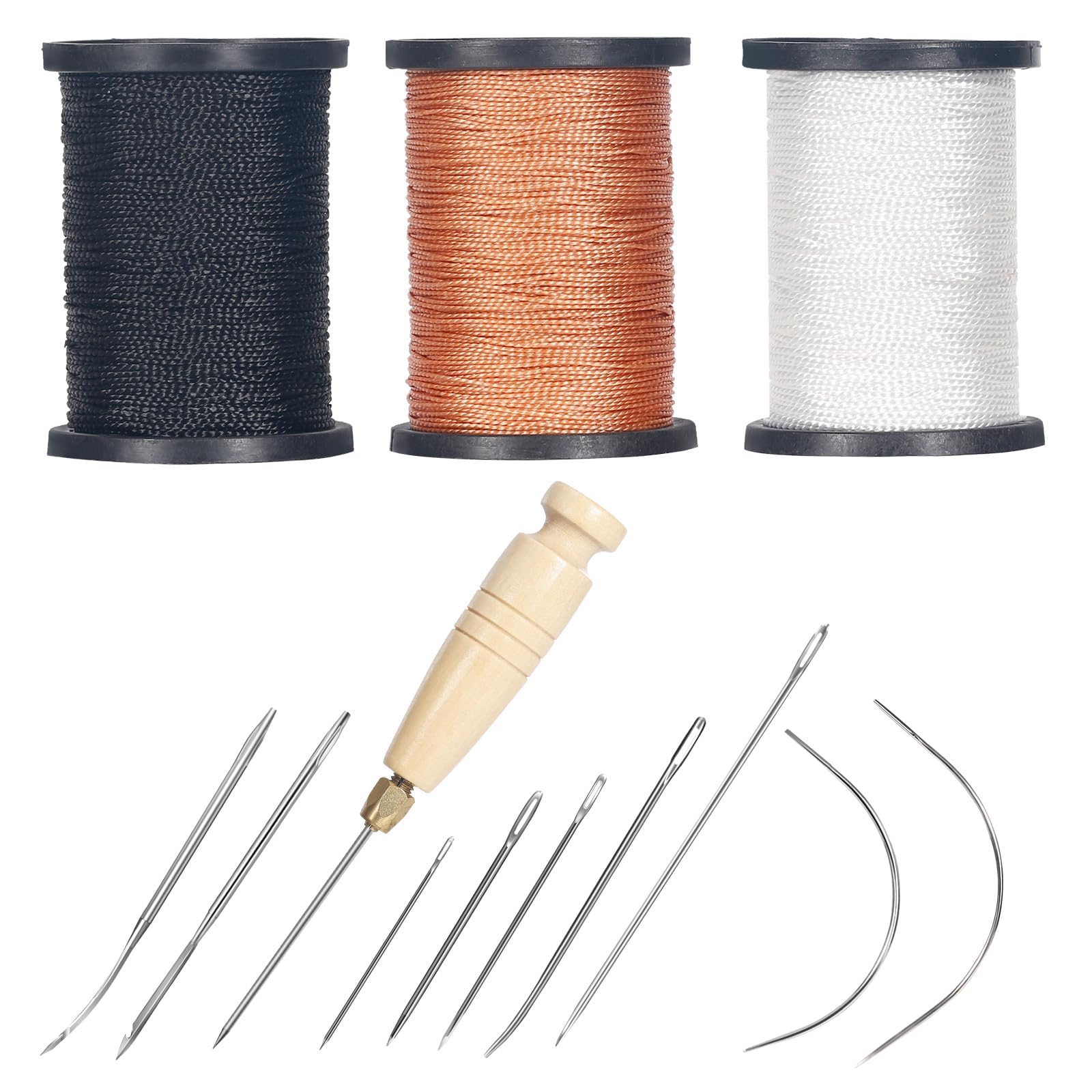 Nurkul 3-Spool Nylon Thread Sewing Kit, 80 Yards Each, Heavy Duty Needles (5 Straight, 2 Curved), Sewing Awl, Ideal for Upholstery, Leather, Shoes & DIY Crafts