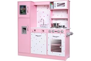 Lil' Jumbl Kids Kitchen Set, Pretend Wooden Play Kitchen, Battery Operated Icemaker & Microwave with Realistic Sound, Pots & Pan Included - Pink