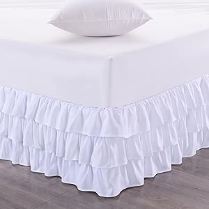 Sweet Home Collection Waterfall Bed Skirt Unique Dust Three Ruffled Tier Layer Design with 14" Drop, Queen, White