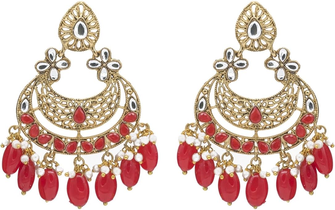 Kiyara Alloy Gold and Red Dangle and Drop Classic Kundan Chandbali Earring Set for Women