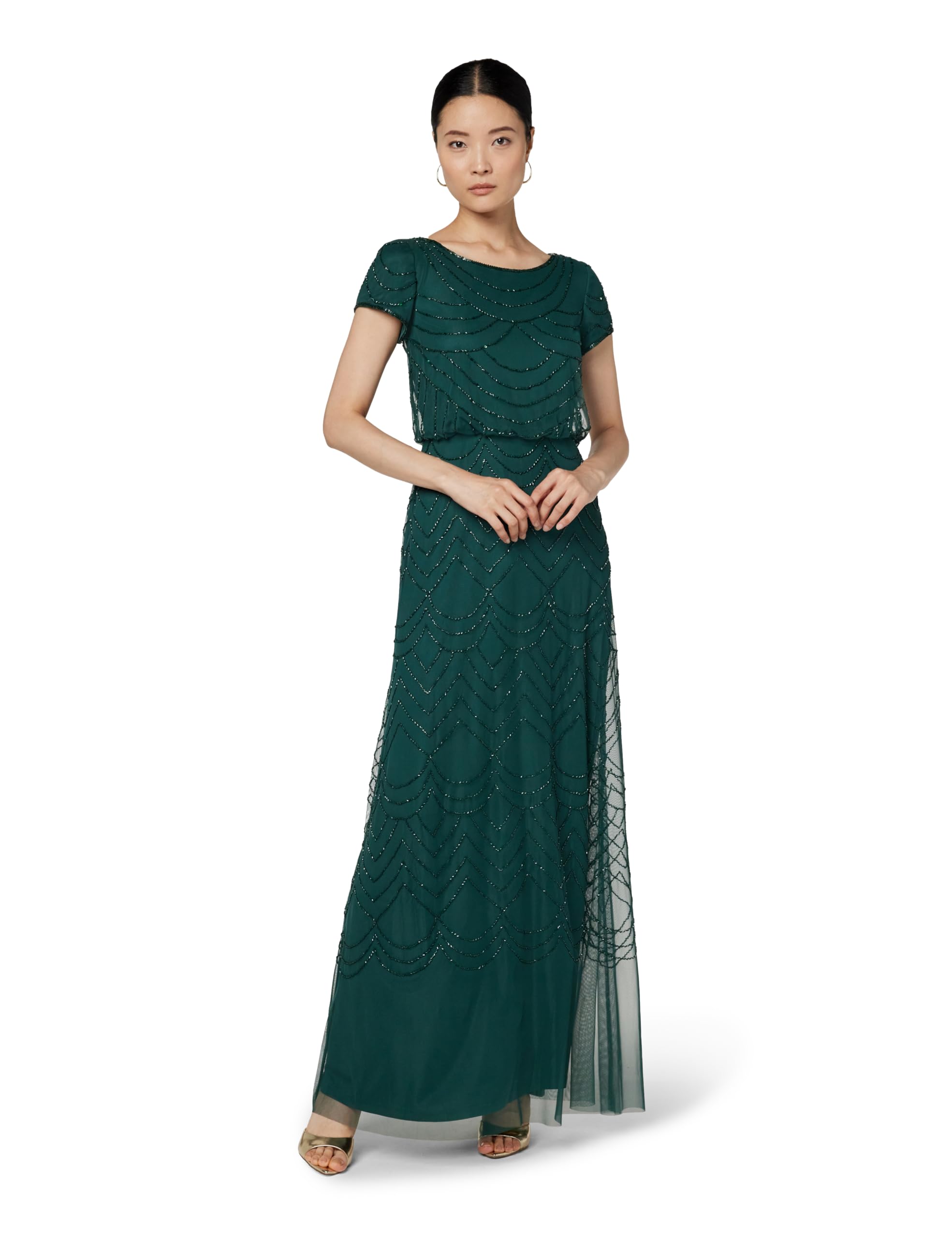 Adrianna Papell Women’s Short Sleeve Blouson Beaded Gown, Dusty Emerald, 12