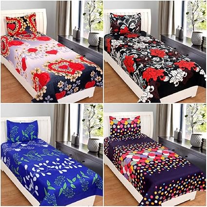 BSB Trendz Luxury Feel Glace Cotton 160 Tc with 200 GSM Set of 4 Single Bedsheet with 4 Pillow Cover S4-3