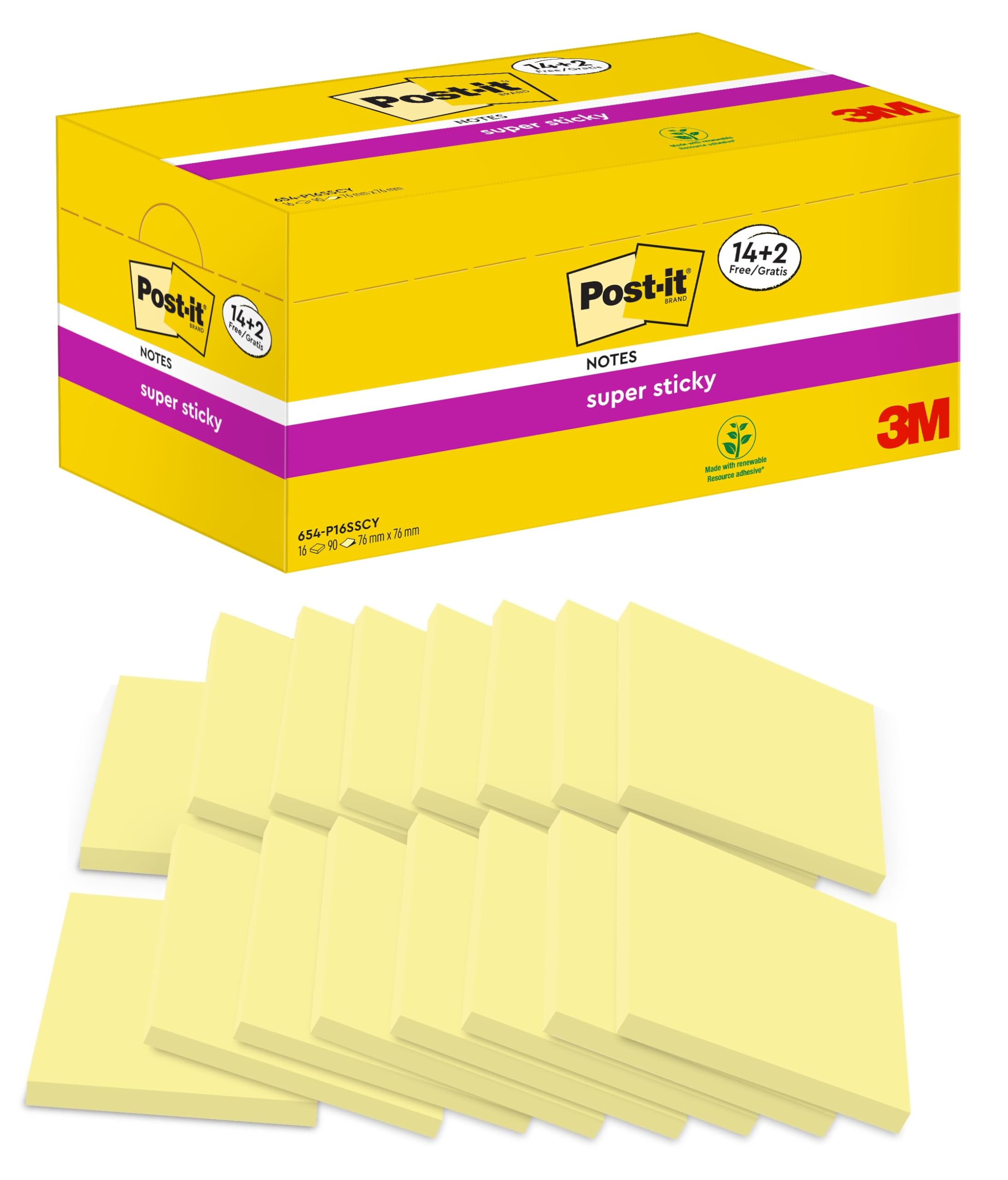 Post-it Super Sticky Notes, 1440 Sheets, Value Pack of 14 + 2 Free Pads, 76 mm x 76 mm, Canary Yellow - Holds Strong to Many Surfaces - for Walls, Monitors and Fridge, Recycable