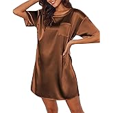 Ekouaer Silk Sleep Shirts for Women Satin Nightshirt Tshirt Nightgown Sleepwear Shirt Dress With Chest Pocket S-2XL