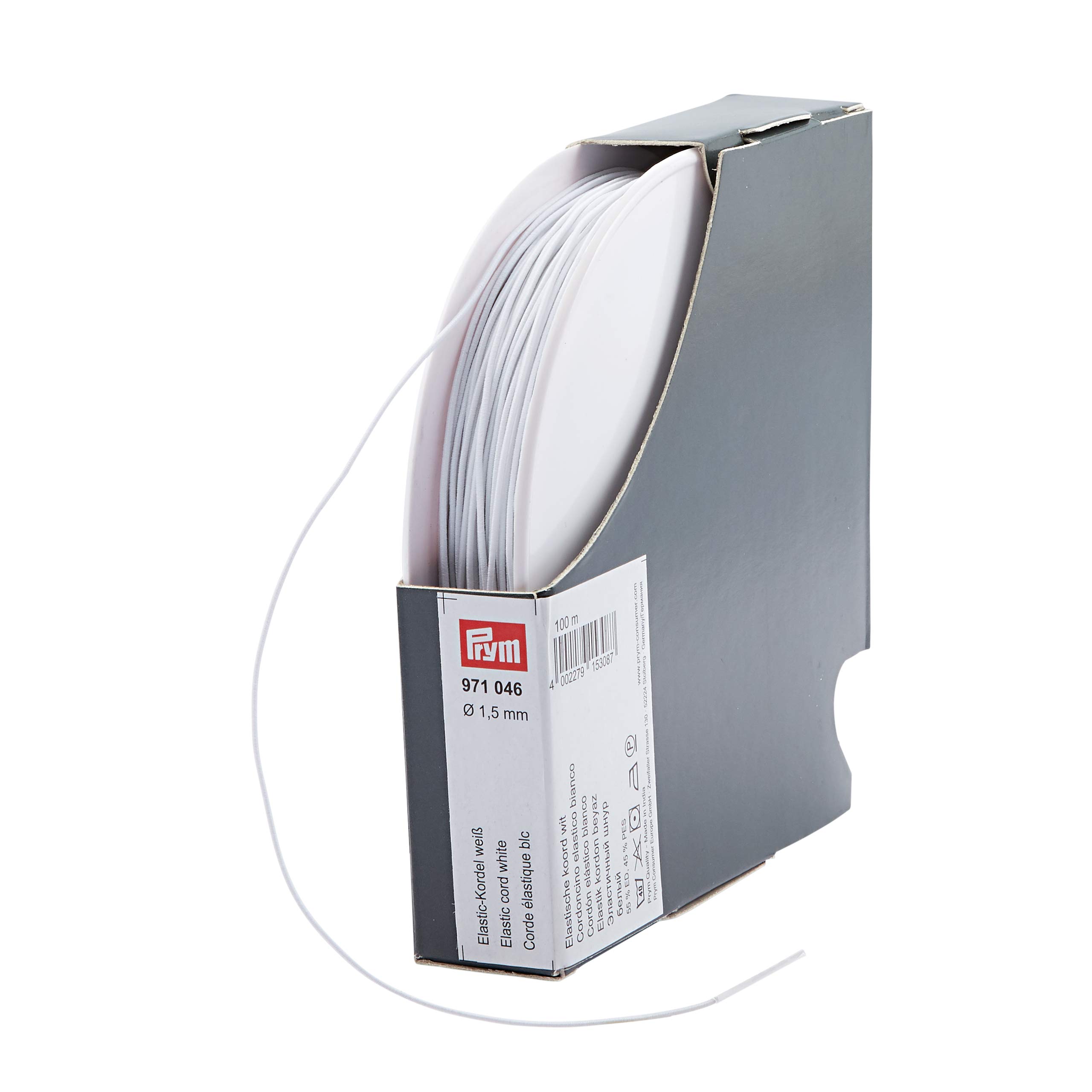 Prym 971046 Elastic Cord, 1.5 mm, 100 m, White, 55% ED 45% PES, Diameter