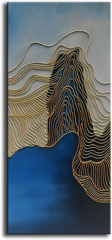 Paintings - Tyed Art- Gold Line and Blue Texture Abstract Artwork 100percent Hand Canvas Wall Art Paintings Modern Home Decor Series of paintings Wall Decoration 24x48inch 24x48inch 60x120cm