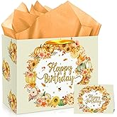Innovoscape Large Thanksgiving Birthday Gift Bag for Kids Girls Boys Pumpkin Fall Happy Birthday Gift Bag with Birthday Wrapping Paper Card for Autumn Birthday Baby Shower Decorations Party Supplies