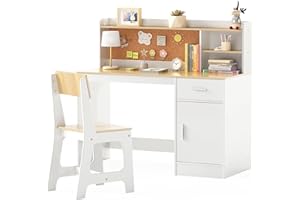 HONEY JOY Kids Desk and Chair Set, Large Wooden Children School Study Table and Chair w/Drawer, Hutch, Storage Shelves, Student Writing Desk Computer Workstation for Bedroom, 3+ Years Old (White)
