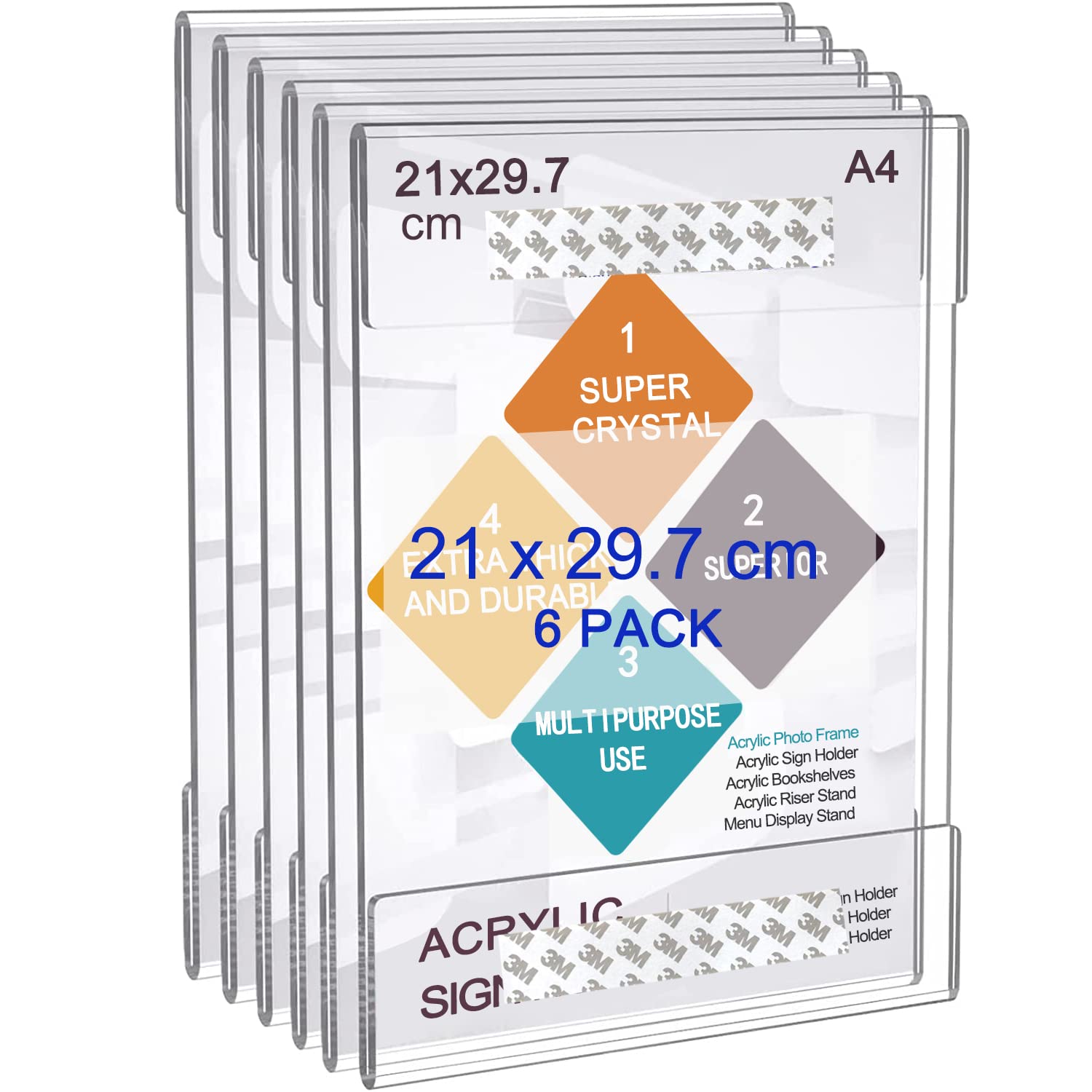 A4 Acrylic Frame Wall Sign Holder, 6pcs Perspex Self Adhesive Wall Poster Display Holder with 3M Tape Without Drilling, Memo Documents Menu Holders for Office, Home, Store, Restaurant