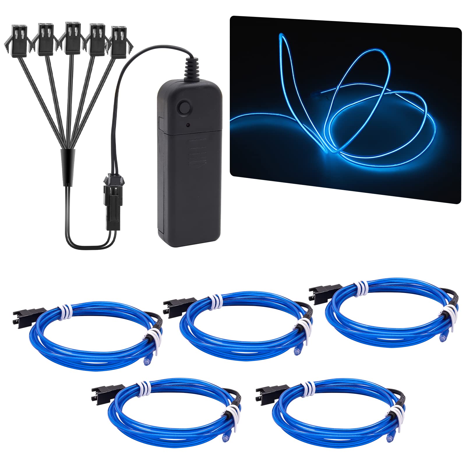 NWpangu EL Wire Neon Lights, 5 in 1(3.28Ft Each) Electroluminescent EL Wires Set for Holiday, Party, DIY Decoration, Warning Sign,Blue(3 Operation Modes) — image 1