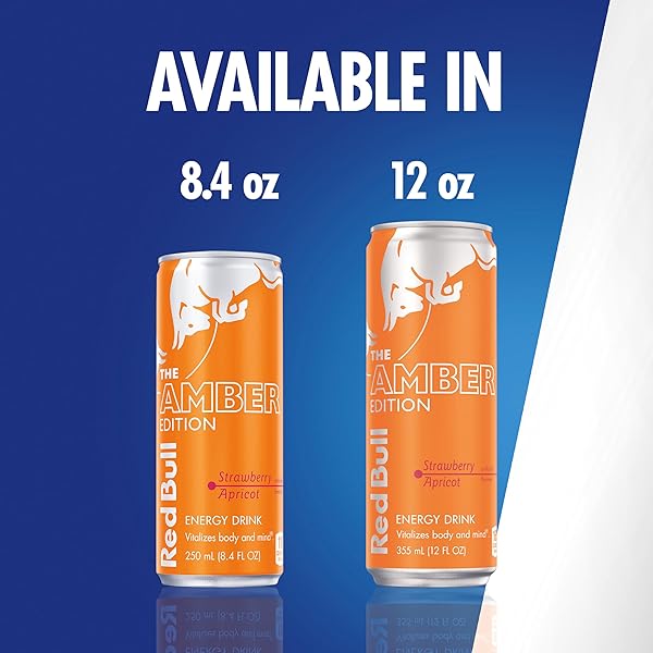 RED BULL AMBER EDITION ENERGY DRINK, STRAWBERRY APRICOT, WITH 80MG CAFFEINE PLUS TAURINE & B VITAMINS, 8.4 FL OZ, PACK OF 4 CANS