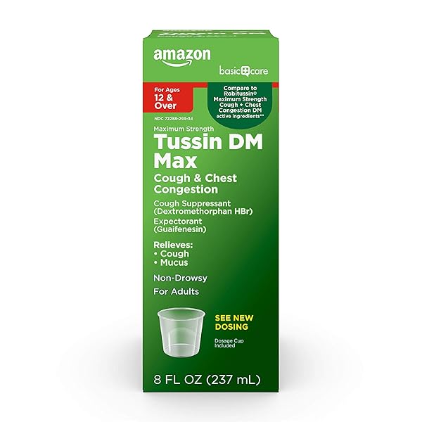 AMAZON BASIC CARE TUSSIN DM MAX, MAXIMUM STRENGTH COUGH AND CHEST CONGESTION MEDICINE, NON-DROWSY, ALCOHOL FREE, EXPECTORANT, RASPBERRY MENTHOL FLAVOR, 8 FL OZ (PACK OF 1)