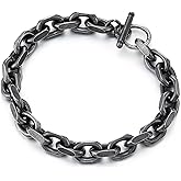 COOLSTEELANDBEYOND Men’s Black Steel Bracelet, Vintage Oxidized Chain Link Toggle Clasp, Punk Biker Jewelry Accessory