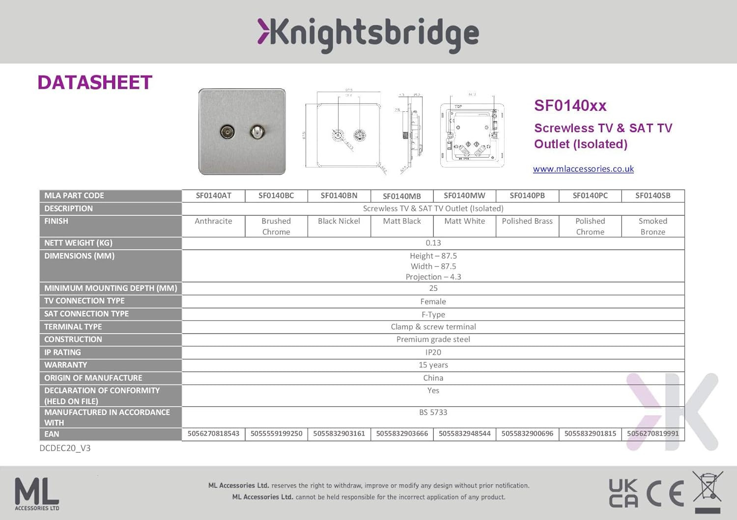 Knightsbridge SF0140BN (Isolated Screwless Tv & Sat Tv Outlet, 230 V, Black Nickel - Image 3