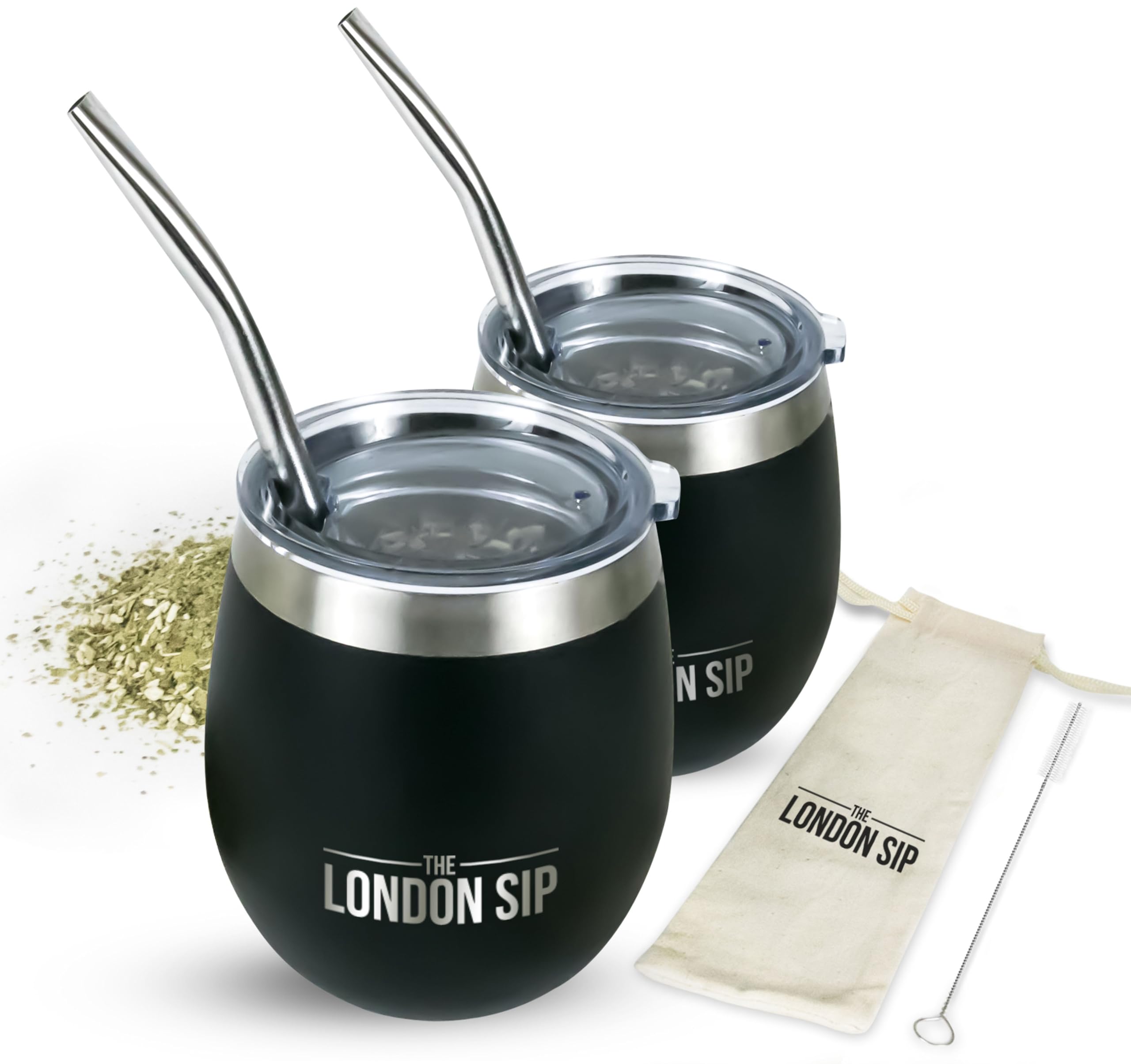 Yerba Mate Cup and Bombilla Set | 2 Mate Gourds, Spill Resistant Lids, & Mate Straws | Bombilla Brush & Pouch Included | Yerba Mate Gourd Kit with Bombilla Mate & Mate Tea Cups (Black)