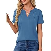 AKEWEI Short Sleeve Blouses for Women V Neck T Shirts Pleated Summer Dressy Casual Tops