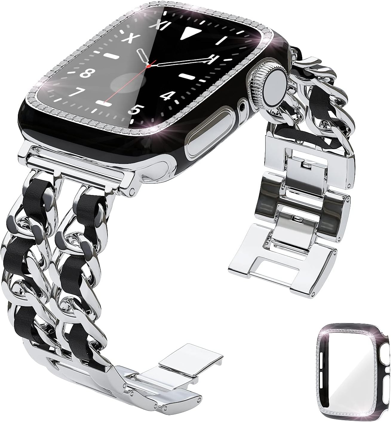 QVLANG Compatible Apple Watch Band 40mm Series 6/5/4/SE, Stainless Metal Replacement Bracelet Wristband for Women + Bling Screen Protector Case for iWatch (Silver/Black, 40mm)