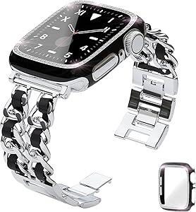 QVLANG Compatible Apple Watch Band 40mm Series 6/5/4/SE, Stainless Metal Replacement Bracelet Wristband for Women + Bling Screen Protector Case for iWatch (Silver/Black, 40mm)