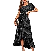BeryLove Women Sequin Formal Party Dress Flutter Short Sleeve Wedding Cocktail Long Evening Dress