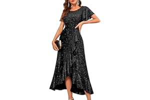 BeryLove Women Sequin Formal Party Dress Flutter Short Sleeve Wedding Cocktail Long Evening Dress