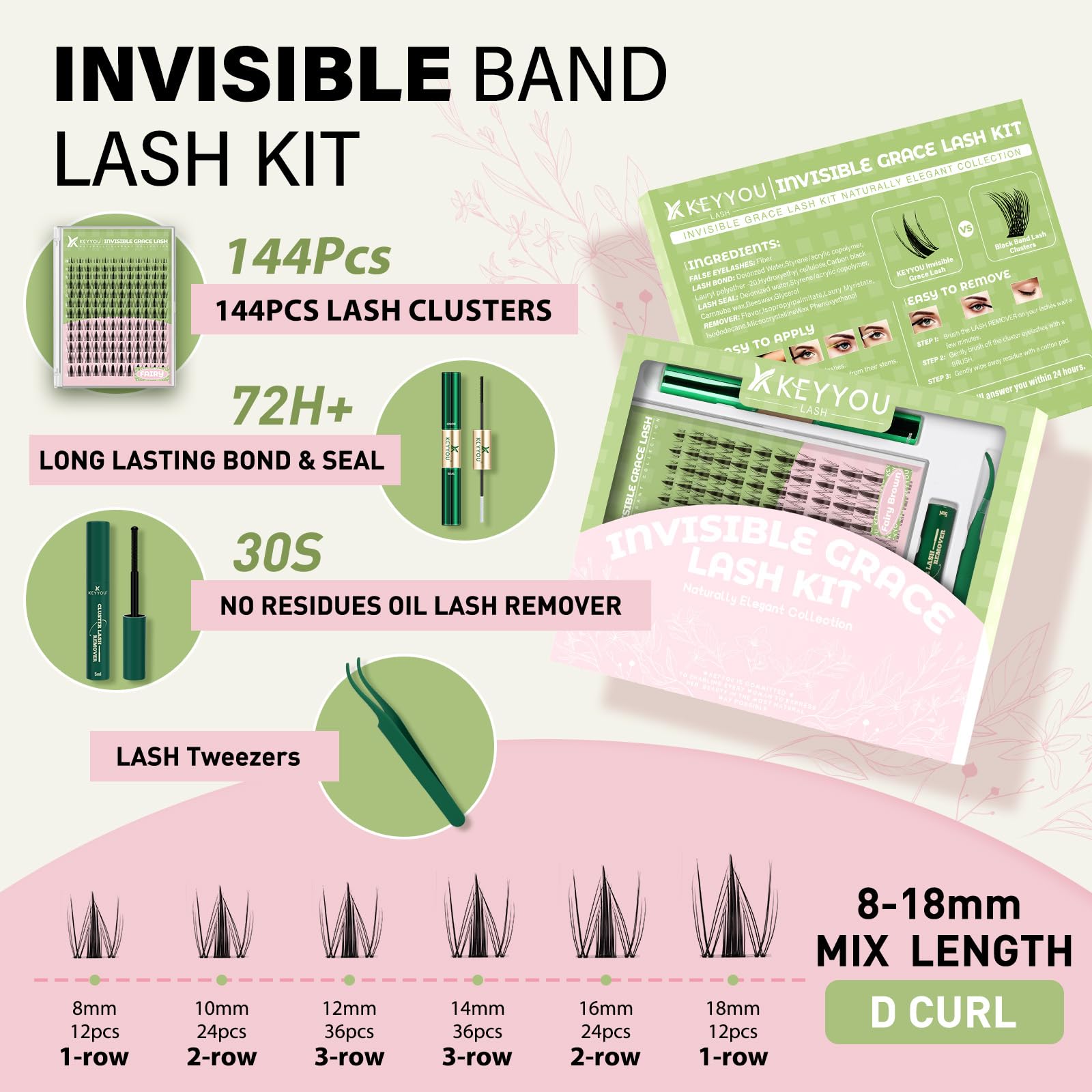 KEYYOU Fairy Lash Clusters Kit, Manga Eyelash Extension Kit at Home, 144pcs D Curl Wispy Natural Invisible Band Lash with Waterproof Lash Extensions Kit (Fairy-D-8-18MIX)