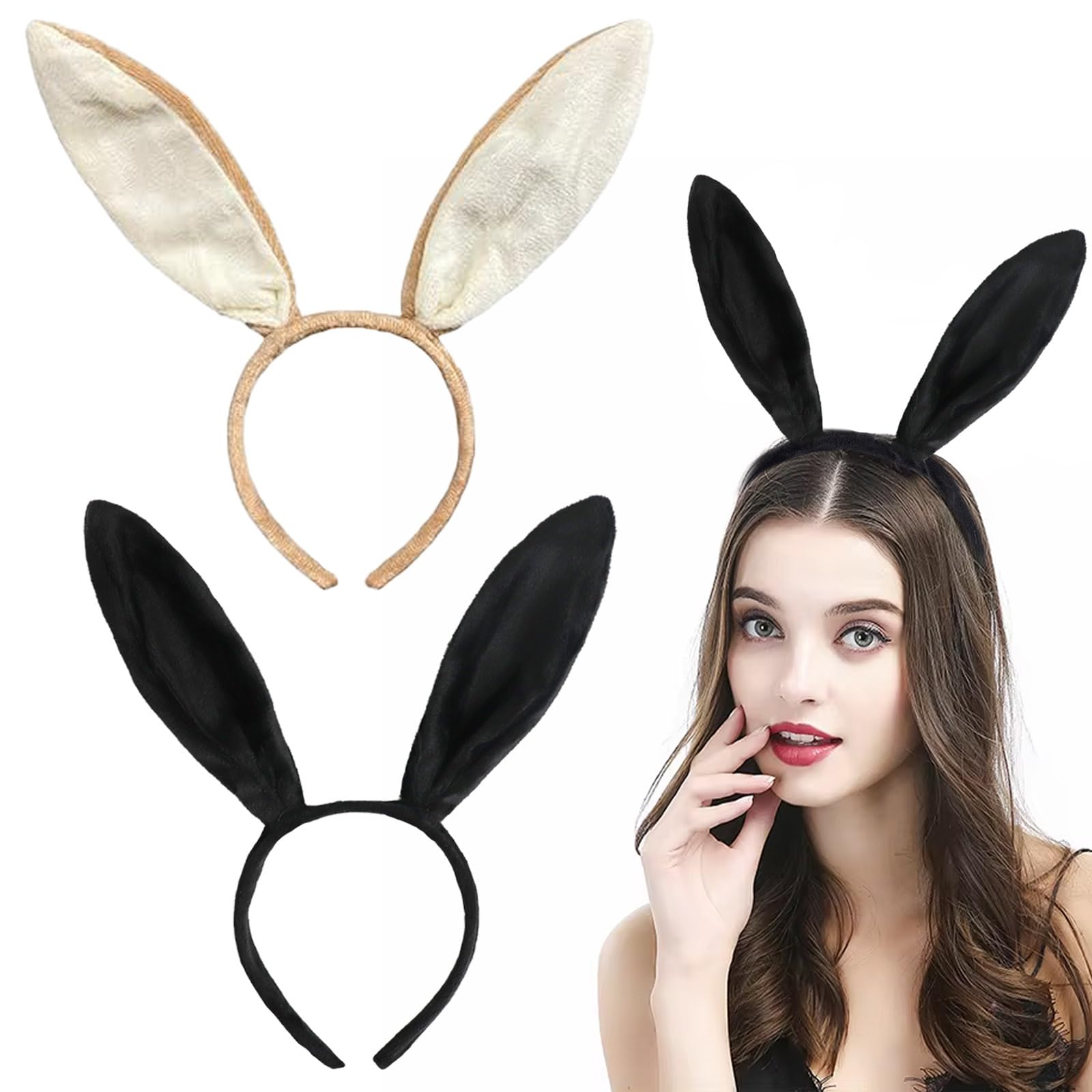 2Pcs Easter Bunny Ears Headband for Adults, Cute Soft Rabbit Ears Hairband, Plush Bunny Ears Fancy Dress Costume Accessory for Easter Cosplay Party Prom World Book Day (Brown, Black)