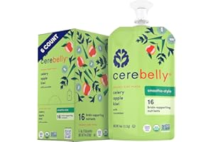 Cerebelly Organic Baby Food Pouches, Celery Apple Kiwi Dairy-Free Smoothies, 16 Nutrients, No Added Sugar, Fiber & Non-GMO, 4oz, 6 Pack
