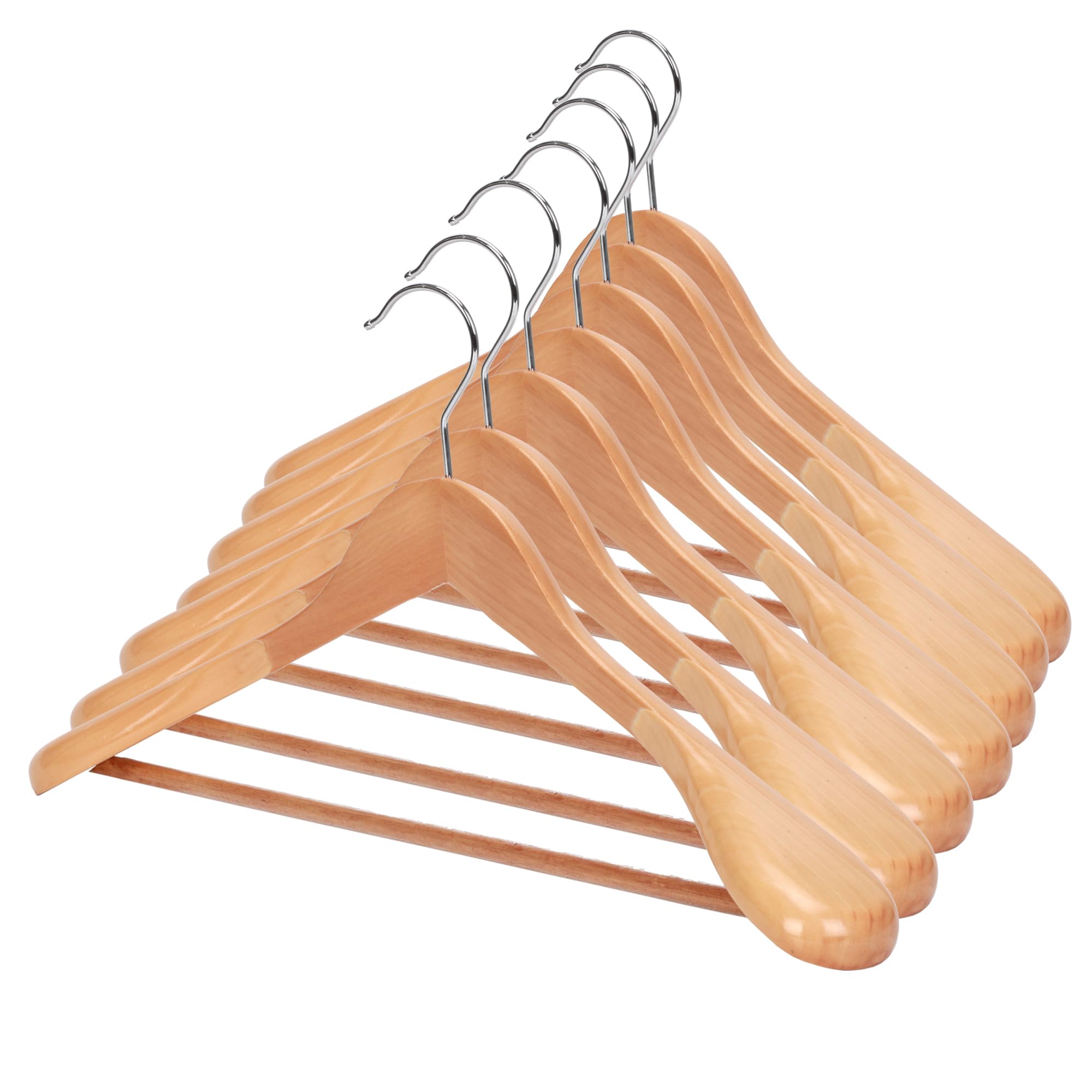 JS HANGER Wooden Suit Hangers, 6 Pack Extra-Wide Shoulder Wood Coat Hangers with Non Slip Pant Bar, Extra Smooth and Splinter Free Natural Finish Image JS HANGER Wooden Suit Hangers, 6 Pack Extra-Wide Shoulder Wood Coat Hangers with Non Slip Pant Bar, Extra Smooth and Splinter Free Natural Finish Image