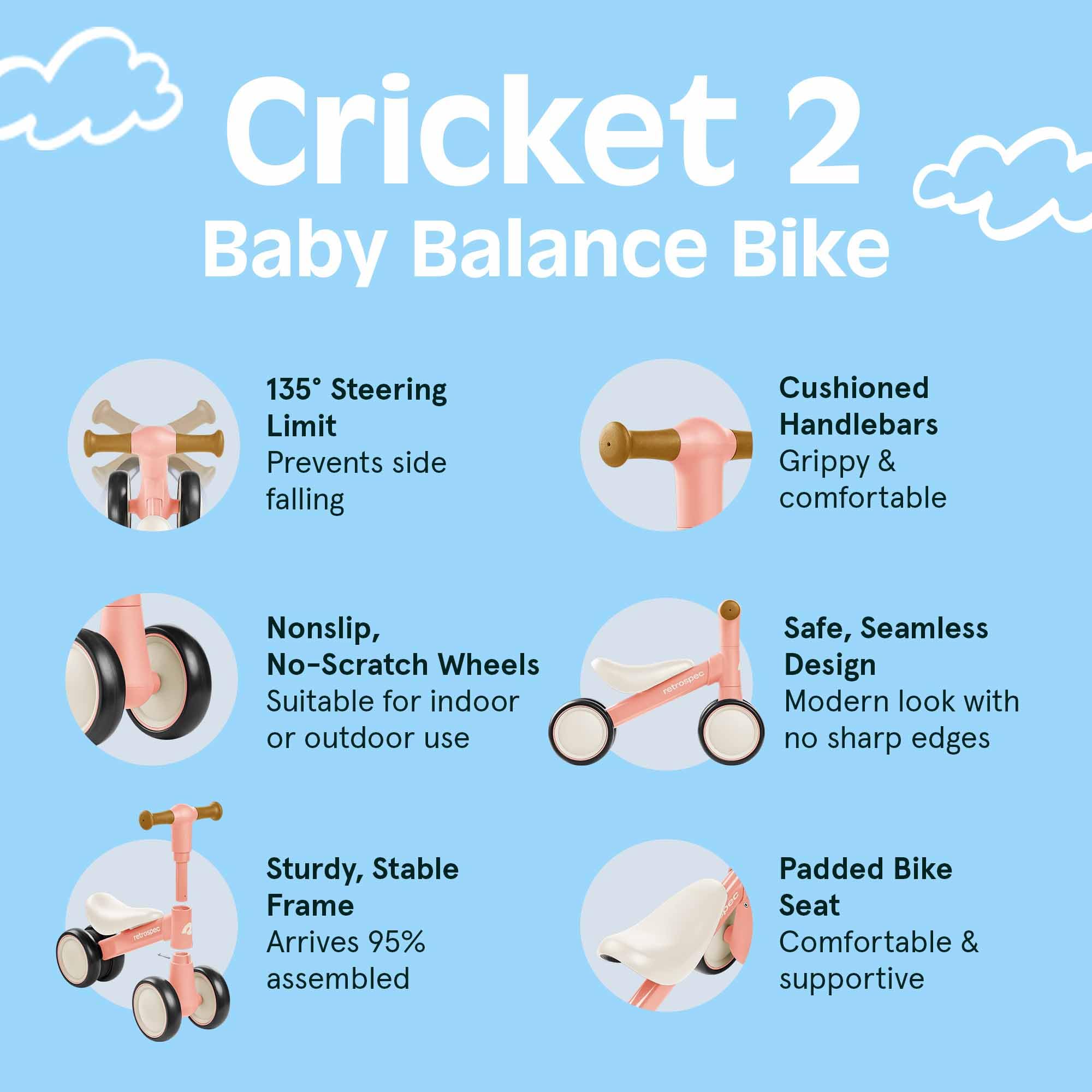 Retrospec Cricket 2 Baby Walker Balance Bike with 4 Wheels - Safe Learning Toy for Ages 12-24 Months - Scratch-Resistant Indoor Outdoor Toddler Riding Toy with Steering Limit & Soft Grips