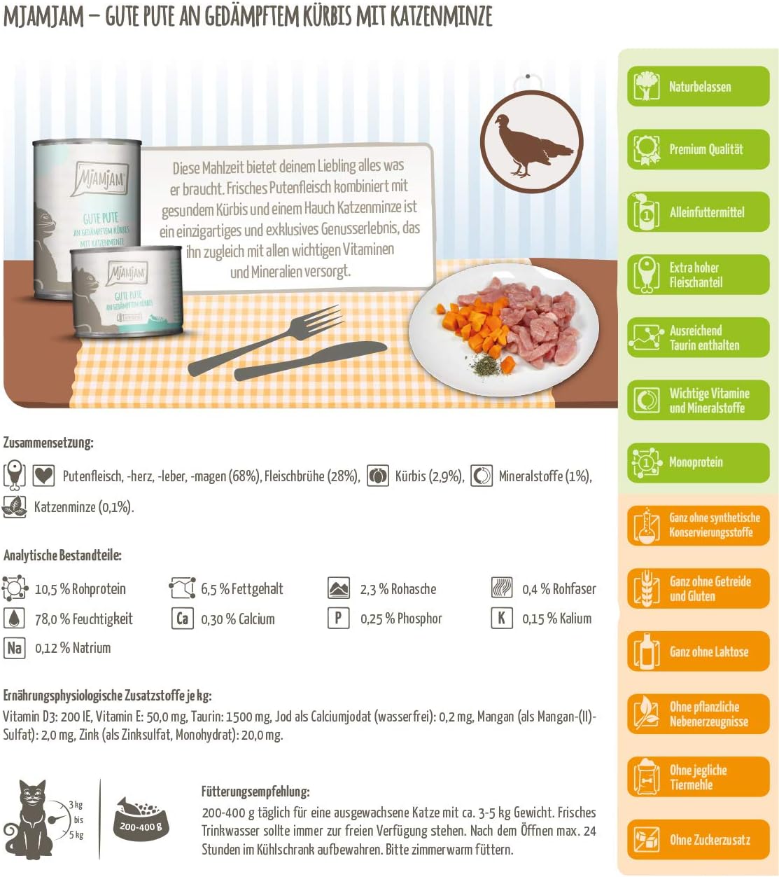 MjAMjAM Natural Wet Cat Food, Good Turkey with Steamed Pumpkin, Grain Free, 6 x 800g - Image 4