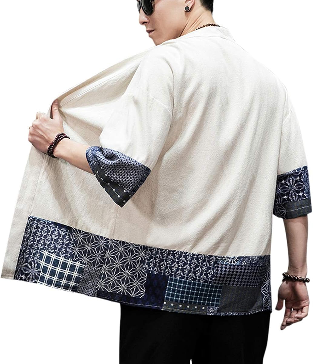 PRIJOUHE Men's Kimono Jackets Cardigan Lightweight Casual Cotton Blends Linen Seven Sleeves Open Front Coat Outwear at  Men’s Clothing store