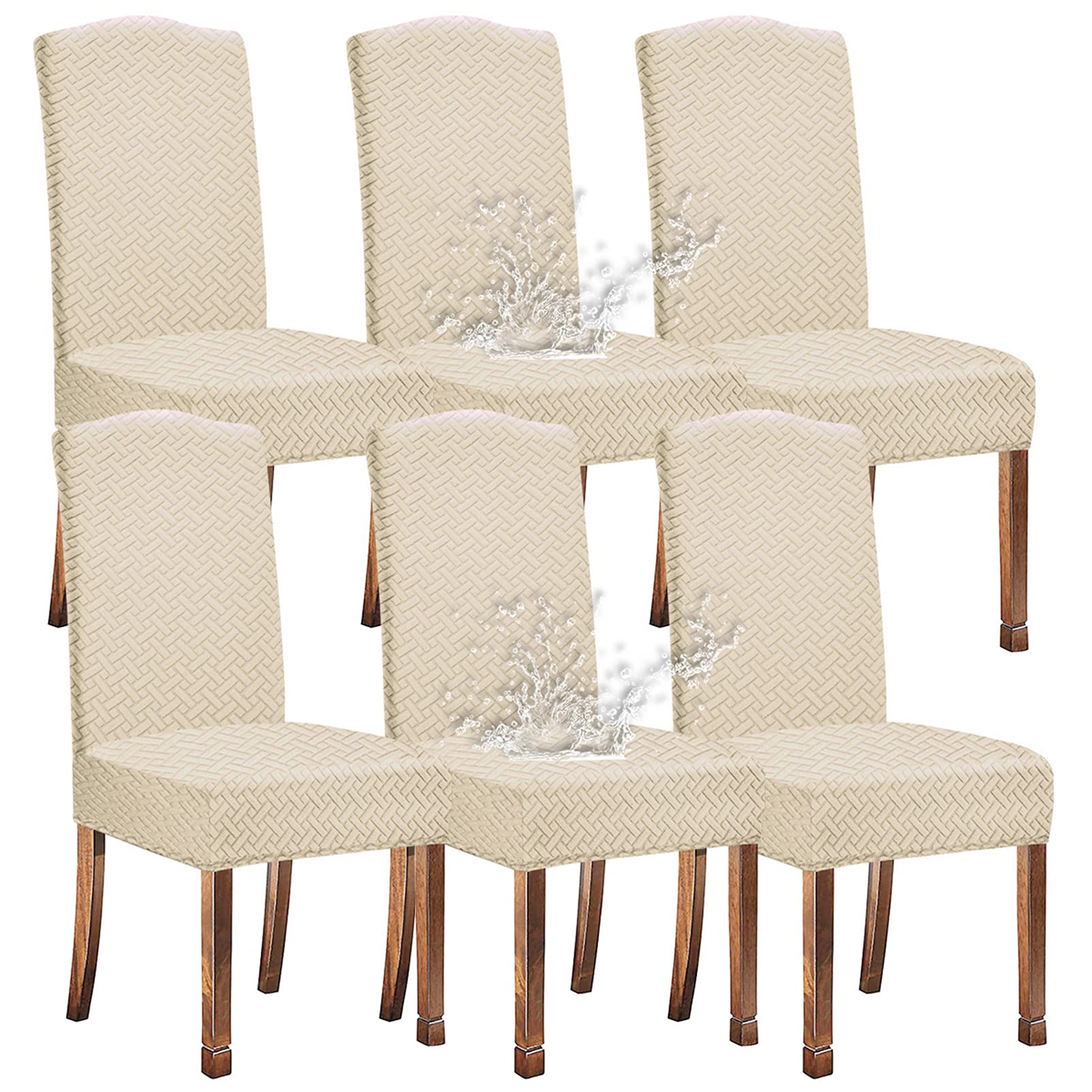 KELUINA Stretch Water-Repellent Twill Jacquard Dining Room Chair Covers Home Decor,Chair Covers for Dining Room Chairs Restaurant Hotel Ceremony (Cream White,6 Pieces)