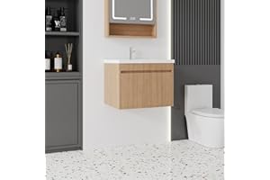 Albriya 28'' Bathroom Vanity with Ceramic Sink Combo, Wall Mounted Small Bathroom Vanity with Soft-Close Door Modern Floating Cabinet, Pop-up Drain, P-Trap Included, Walnut(No Faucet)