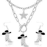 Thalireth 3Pcs Cowgirl Necklace Earrings Western Jewelry Set Stacked Rhinestone Enamel hat Boots Star Stainless Steel Necklaces Cowboy Western Earrings Country Jewelry For Women