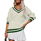 InterNos Women's Casual V Neck Long Sleeve Sweater Trendy Striped Pullover Cable Knit Preppy Sweaters