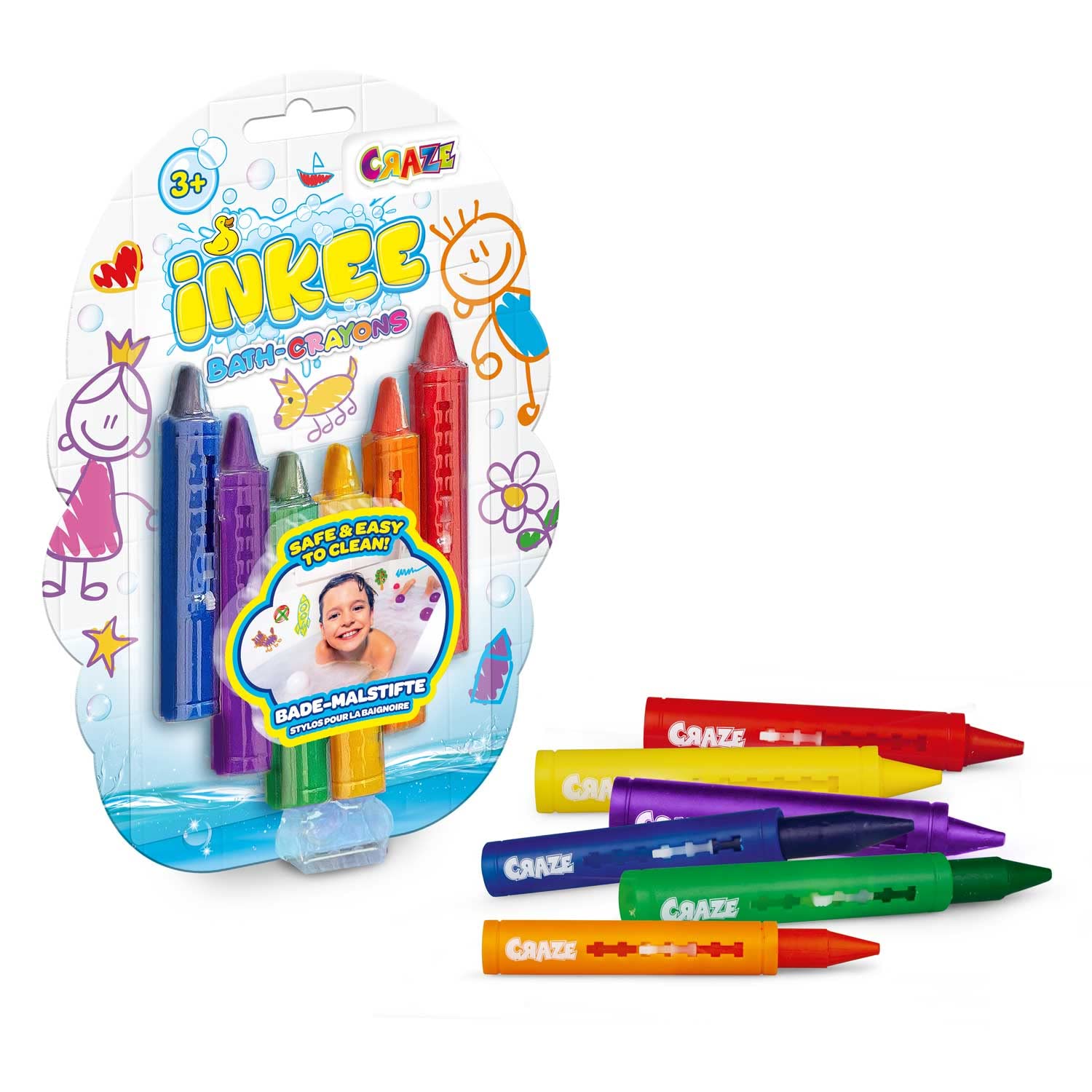INKEE Bath Crayons Set of 6 Colours – Fun Kids Bath Toys for Age 3+ – Washable Bathroom Crayons for Tile and Ceramic Surfaces, Easy to Clean Bathing Product and Gift Idea