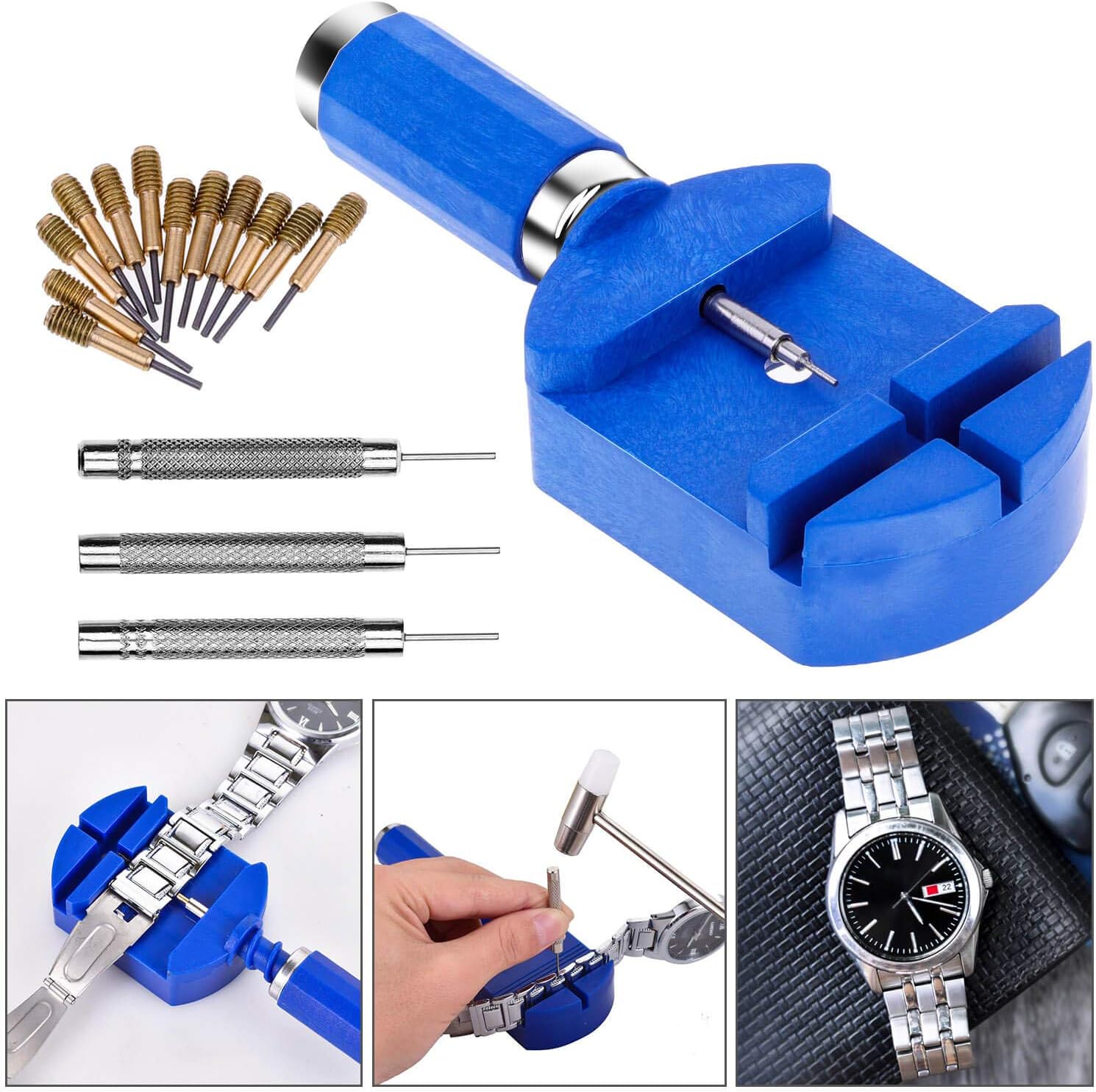 Watch Link Removal Tool Kit, Cridoz Watch Band Tool Chain Link Pin Remover with 12pcs Replacement Pins and 3pcs Pin Punches for Watch Bracelet Sizing, Watch Strap Adjustment and Watch Repair: Home Improvement