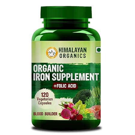 Himalayan Organics Organic Iron Supplement with Folic Acid | Blood Builder | Whole Food | 120 Veg Capsules