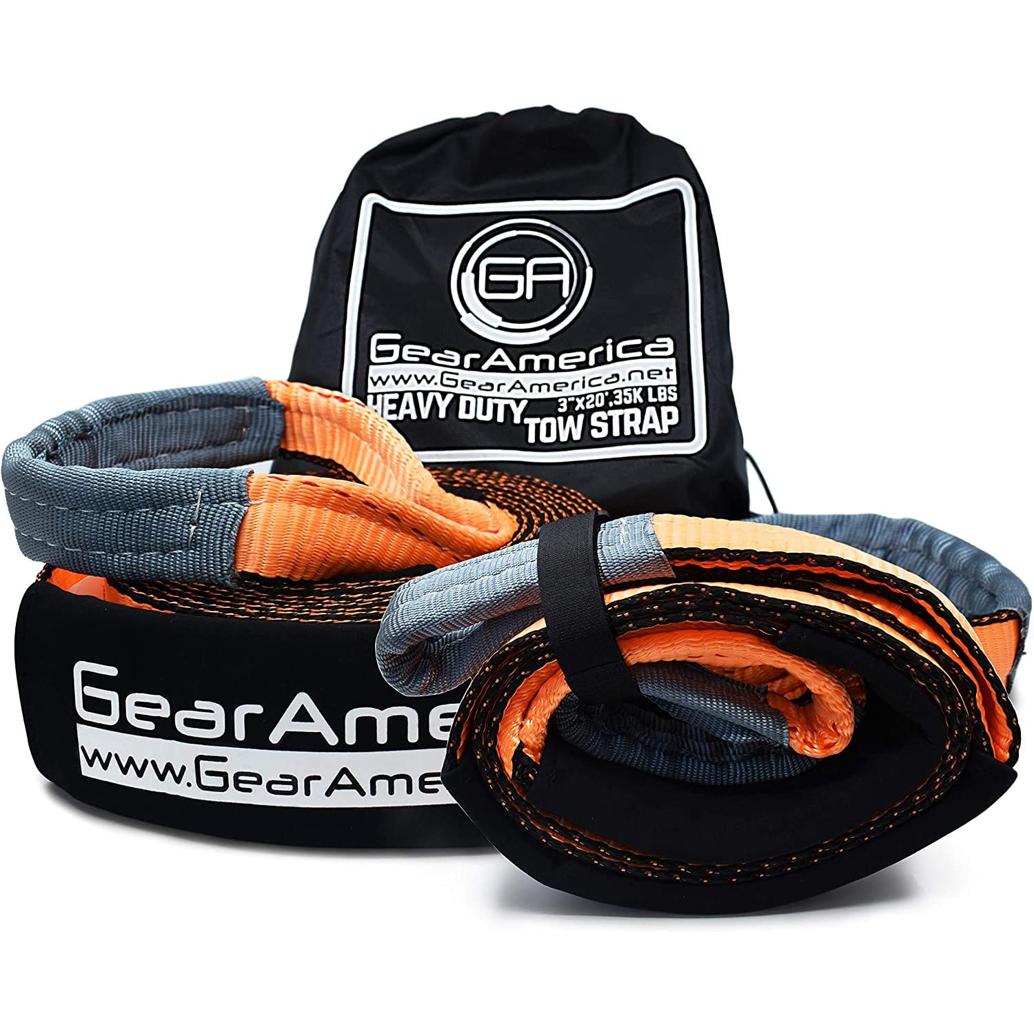 GearAmerica Bundle Tow Strap 3" x20' + Tree Saver Winch Strap 3" x8' | Heavy Duty Lab Tested 35000 lb Strength | Off-Road Towing and Recovery | Triple Reinforced Loops + Protective Sleeves