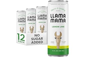 Llama Mama Lemon Lime Organic Sparkling Prebiotic Soda • Gut & Immune Support • High Vitamin C, Antioxidants • NO Sugar • NO Artificial Sweeteners • NO Stevia • Vegan Plant Fiber • 12 Pack