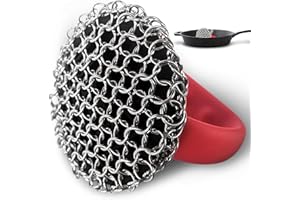 FORTATO Cast Iron Scrubber with Handle 316L （Ergonomic Non-Slip Grip Cleaner for cast Iron skillets, Pans, and Dutch ovens – Stainless Steel Chainmail Cleaning pad, Durable and Dishwasher Safe）