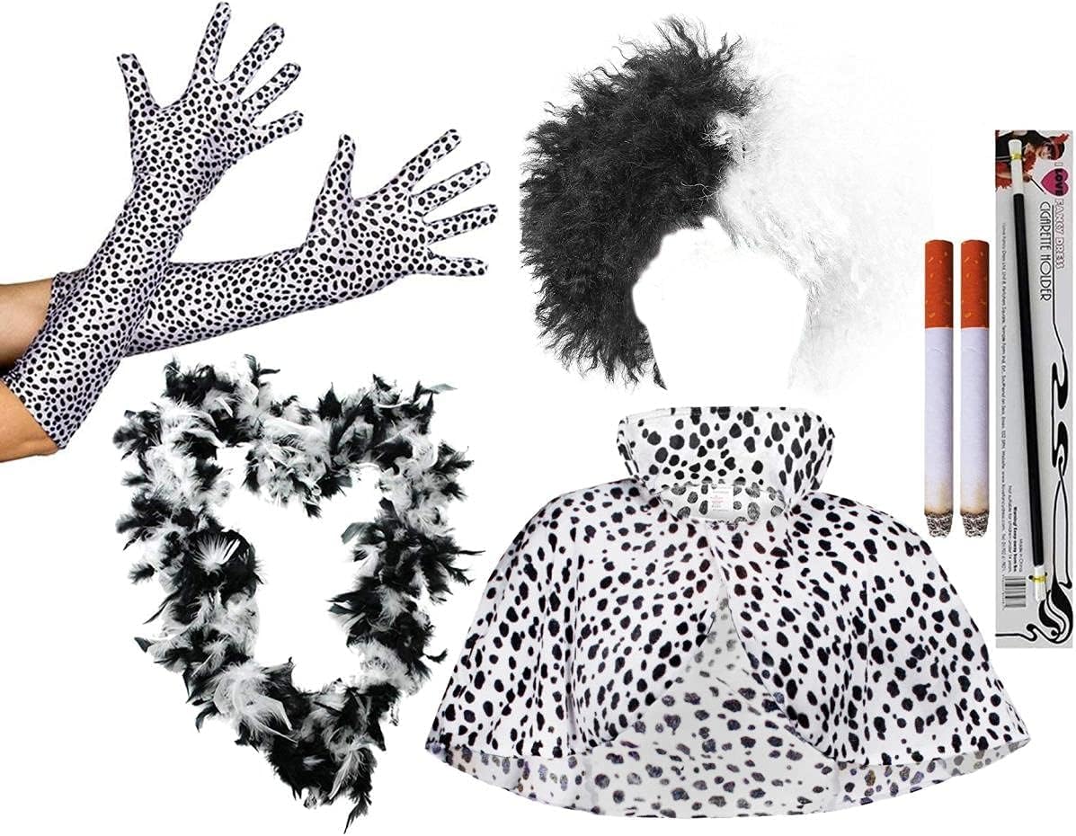 Ladies Evil Dog Lady Accessory Set - Standard - Crimped Wig, Dalmatian Cape, Feather Boa, Dalmatian Gloves, Cigarette Holder, Fake Cigarettes - Adults World Book Day Fancy Dress Accessory Set