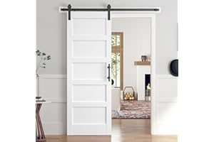 ROYMELO 32x84 Inch White Sliding Barn Door Slab with 5.5ft Hardware Kit Included, 5-Panel, MDF Wood Panel Covered with Water-Proof Scratch-Proof PVC Surface, Simple DIY Assembly