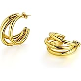 NONAMOIS 18K Gold Plated Chunky Multi Hoop Earrings for Women Hypoallergenic Trendy Triple Split Open Loop Huggie Earrings Lightweight Gold Hoops Ear Studs Jewelry