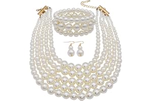 JNF Large Faux Pearl Necklaces for Women Multi strand Pearl Necklace Bracelet and Earrings Set Costume Pearls Necklace Jewelry Ladies