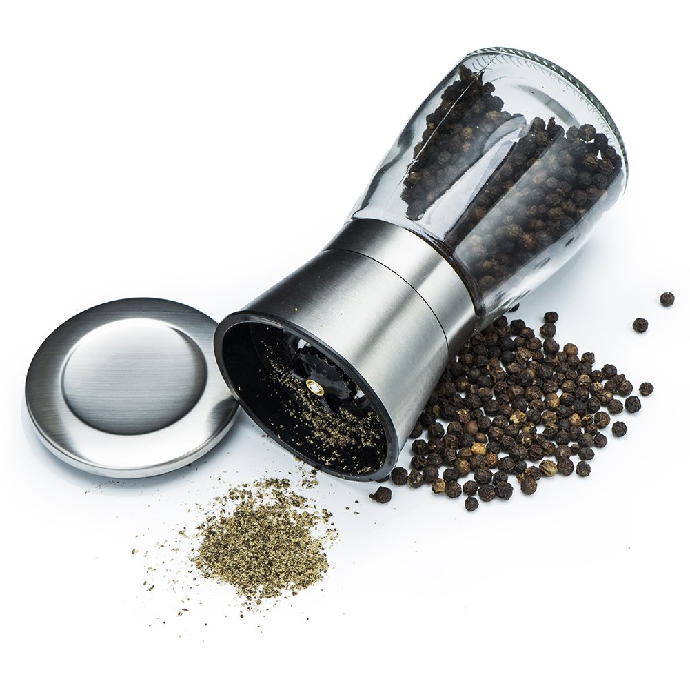 LOHAS Home Salt Pepper Mill with Glass Body Adjustable Ceramic Manual Grinder Herb Spice Crusher Suitable for Coarse Sea Salt Peppercorn, Stainless Steel Silver