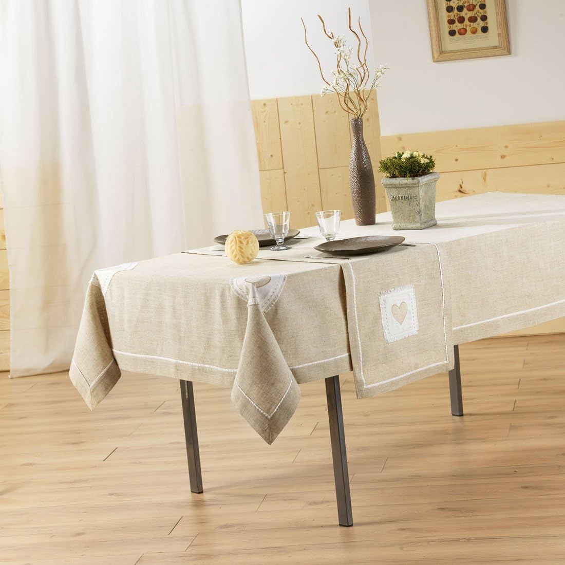 Couleur Montagne EMBRODERED Tablecloth 140X240 LIN Polyester Mont Blanc Naturel