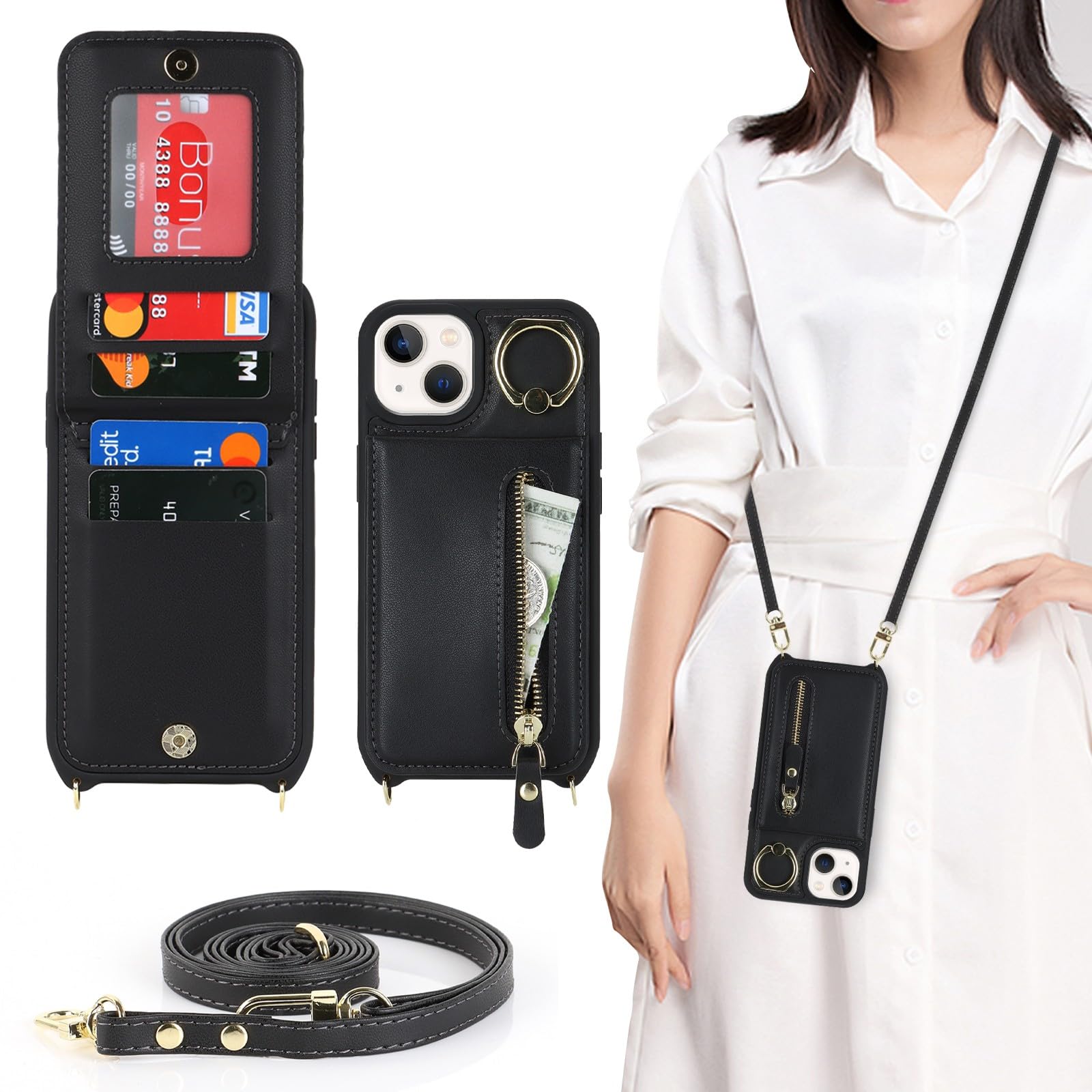 Zouzt for iPhone 13/14 Case with Cord and Card Holde, Zipper Wallet Case with Crossbody Lanyard Ring Adjustable Necklace Protective Cover Women for iPhone 13/14 6.1 Inch - Black