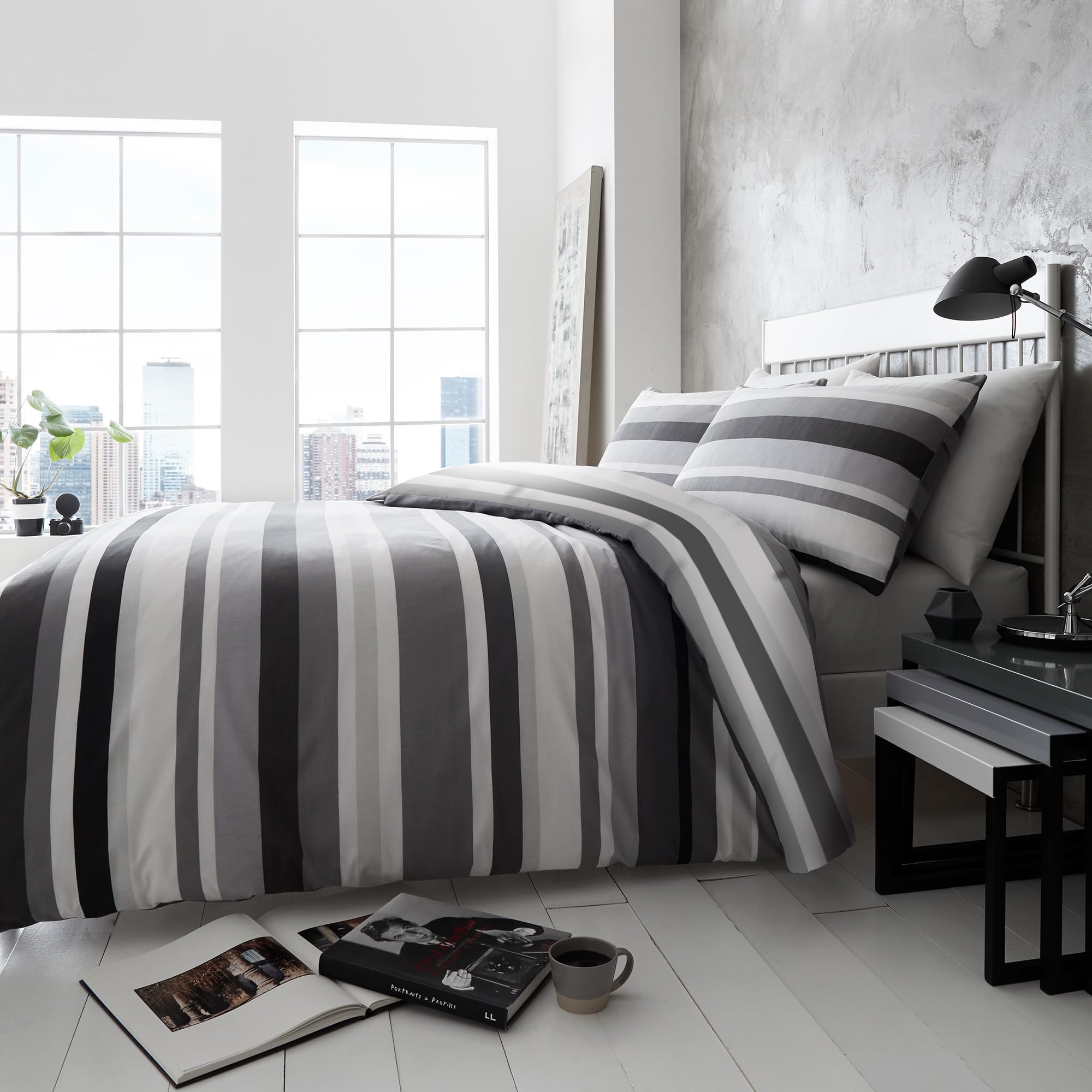 Happy Linen Company Simply Stripes Black Charcoal Grey White King Reversible Duvet Cover Bedding Set